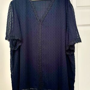 Elegant Navy Blue Lace Trim Women's Top